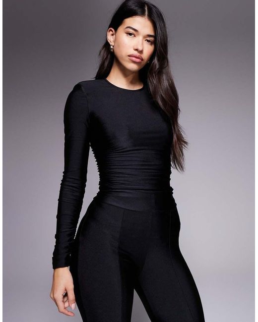 Ruched & Ready Black Sculpting High Shine Padded Shoulder Detail Bodysuit Mix And Match Co-Ord