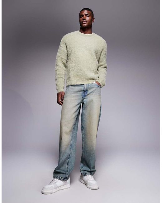 ASOS Ruimvallende, Pluizig Gebreide Trui Met Ronde Hals in het Green voor heren