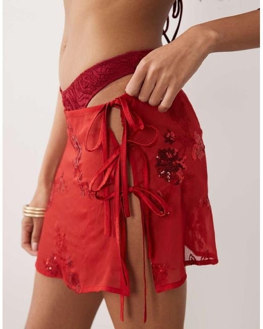 Miss Selfridge Red Beach Floral Sequin Mini Tie Side Sarong
