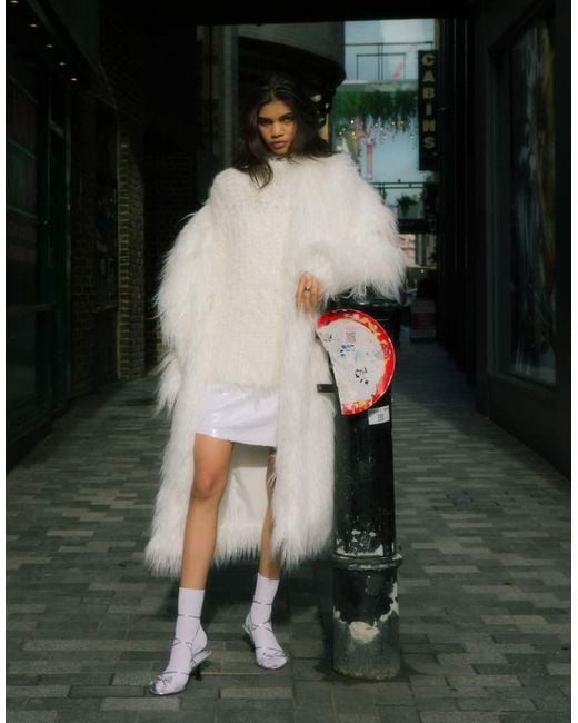 TOPSHOP Black Faux Mongolian Fur Mid Lenght Coat