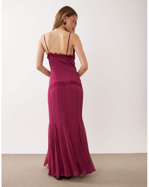 ASOS Natural Slip Shift Lace Trim Midi Dress With Godets