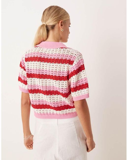 Brave Soul Stripe Pointelle Knit Collared T-Shirt