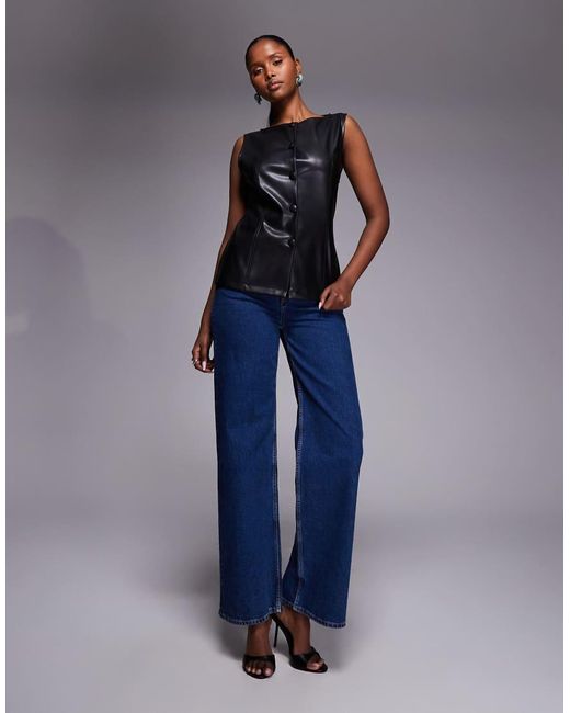 ASOS Blue Button Through Sleeveless Pu Top