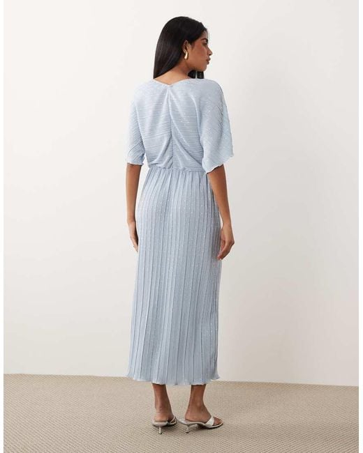Y.A.S Blue Plisse Waisted Midi Dress With Silver Foil Spot Print