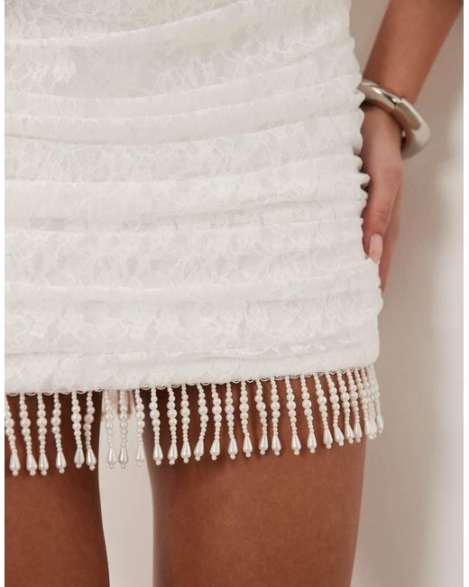 ASOS White Crepe Corset Mini Dress With Draped Lace Skirt And Pearl Trim