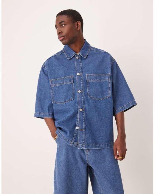 ASOS Oversized Denim Overhemd Met Korte Mouwen En Opgestikte Zakken in het Blue voor heren