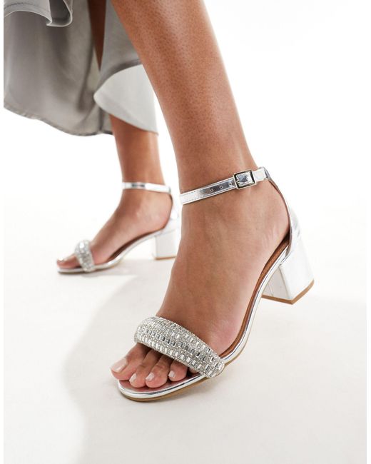 Truffle Collection White Wide Fit Block Heel Embellished Strap Sandal