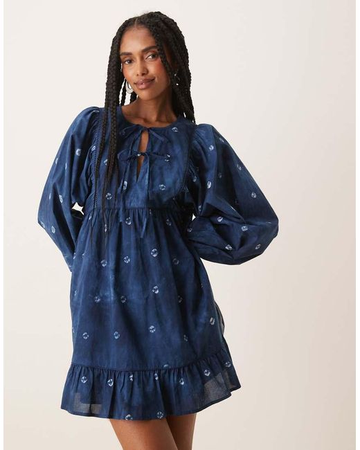 Nobody's Child Blue Mae Tie-detail Balloon Sleeve Mini Dress