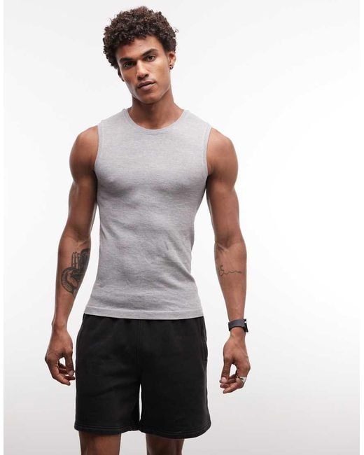 4505 Brown Seamless Rib Knit Muscle Fit Training Tank Top for men