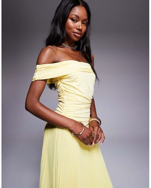 Aria Cove Yellow Bardot Drop Ruched Waist Pleated Maxi Dress