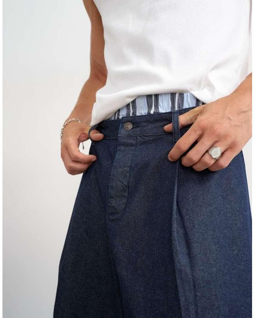 Topman Blue Wide Leg Denim Bermuda Short With Pronounced Pleat for men