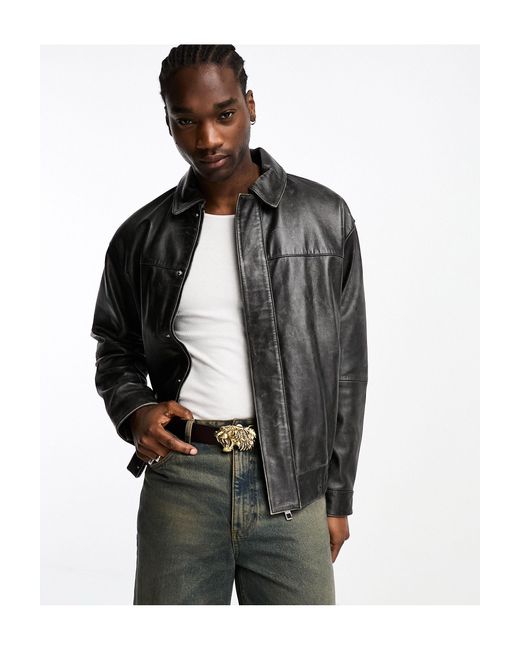 ASOS Gray Oversized Real Leather Bomber Jacket With Vintage Wash for men