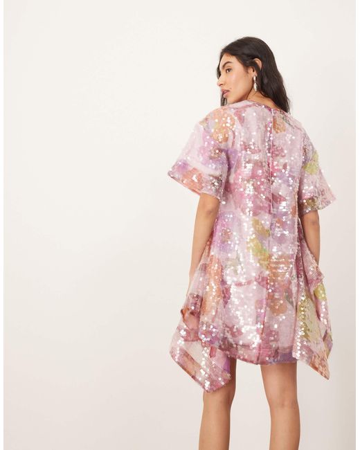ARRANGE Pink – asymmetrisch und trapezförmig geschnittenes minikleid mit blumenmuster und pailletten