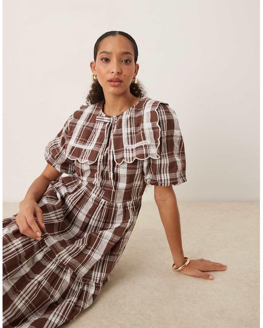 Neon Rose Natural Collar Detail Check Print Midaxi Dress
