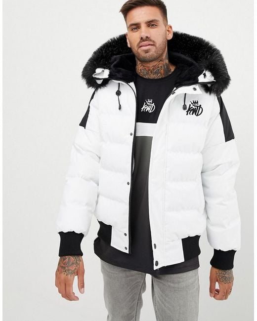 Kings Will Dream Puffer Bomber Jacket In White With Detachable Faux Fur for men
