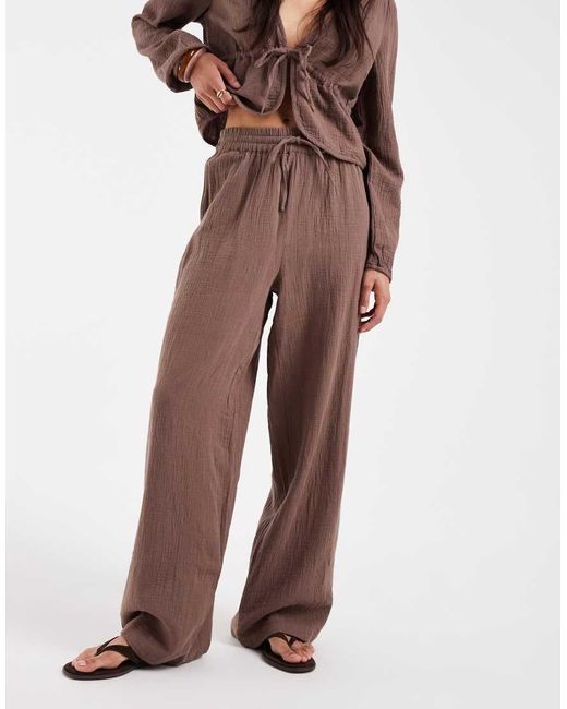 Pieces Brown Crinkle Cotton Wide Leg Pants