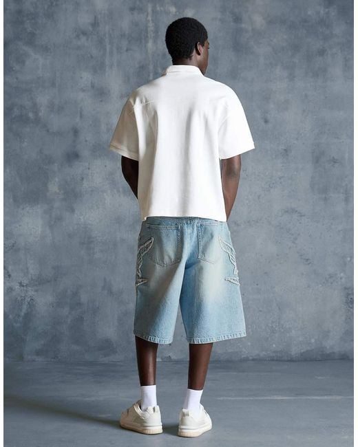 Bershka Blue baggy Bermuda Shorts With Patch for men