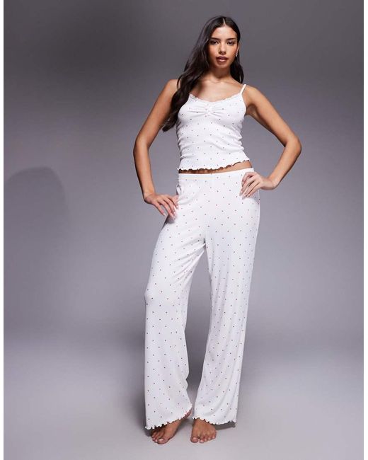Boux Avenue White Heart Printed Lace Trim Cami And Trouser Pyjama Set