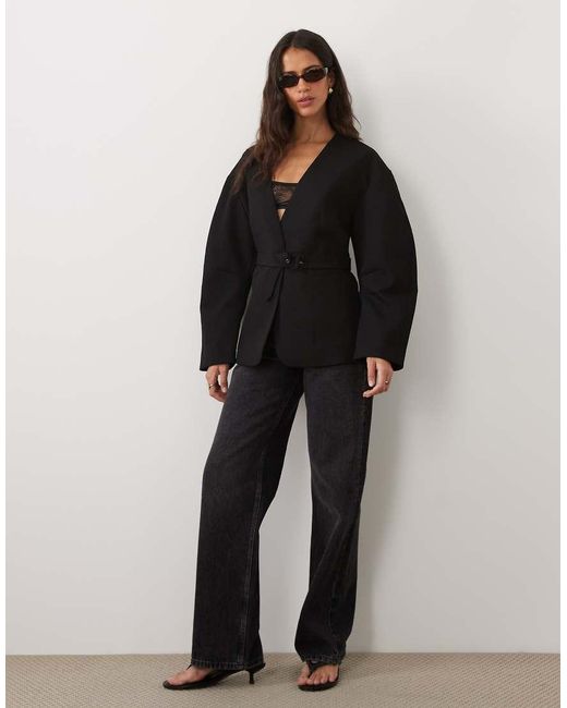ASOS Black Tailored Collarless Nipped Waist Belted Blazer