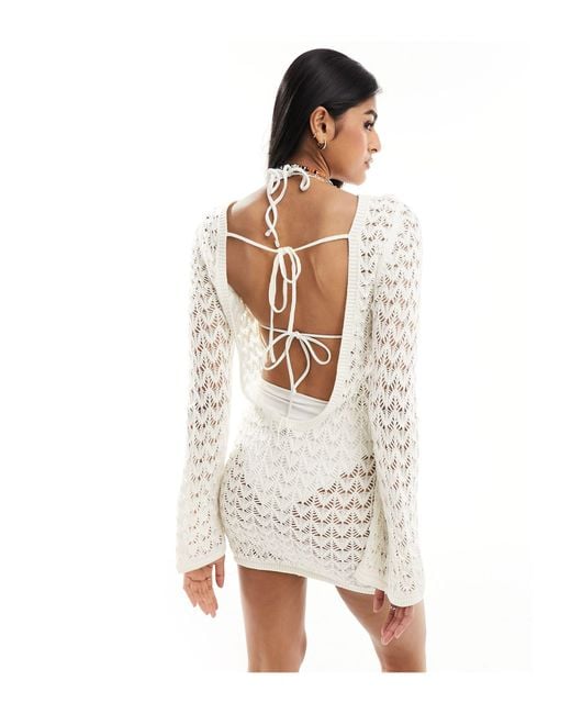 Miss Selfridge White Crochet Low Back Long Sleeve Mini Dress