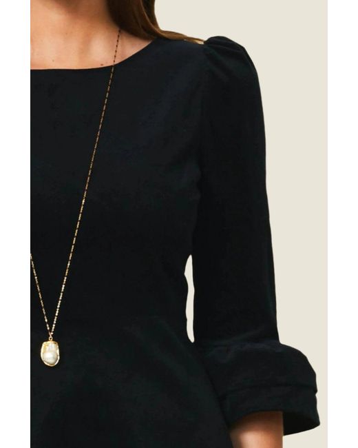 Aspiga Black Ladies Sustainable Victoria Round Neck 3/4 Sleeve Stretch Cotton Corduroy Winter Wedding Guest Evening Dress Dress