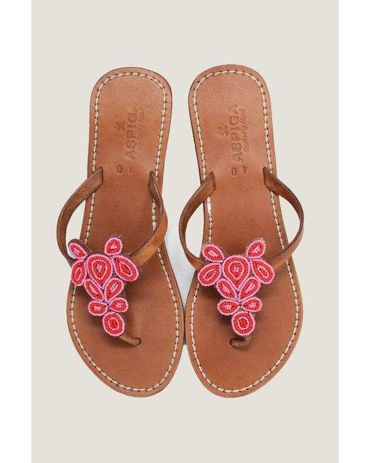Aspiga Red Ladies Sustainable Mia Kenyan Beaded Sandals Leather And Glass Beaded Floral