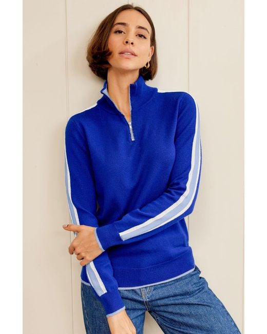 Aspiga Blue Ladies Sustainable Overarm Stripe Quarter Zip Jumper Merino Wool Cobalt Cream