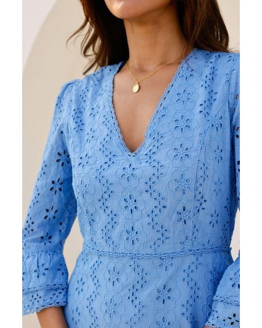 Aspiga Blue Sustainable Victoria Broderie V-Neck Cotton Summer Wedding Guest Evening Dress