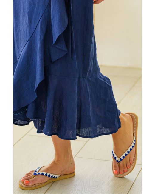 Aspiga Blue Ladies Sustinable Kenyan Beaded Ziggy Sandals Leather And Glass Beads/ Summer Flip Flops