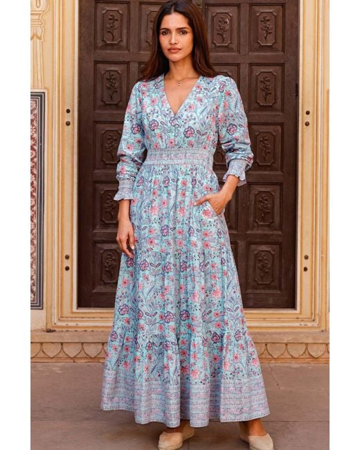 Aspiga Blue Sustainable Billie Block Print Organic Cotton Summer Wedding Guest Evening Dress Floral Printed
