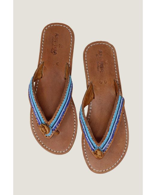 Aspiga Brown Ladies Sustainable Kenyan Beaded Tanzi Sandals Leather And Glass Beads Summer Holiday Flip Flops