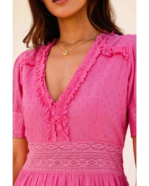 Aspiga Pink Ladies Sustainable Viola Cotton V-Neck Short Sleeve Dress Summer Holiday Wedding Dress