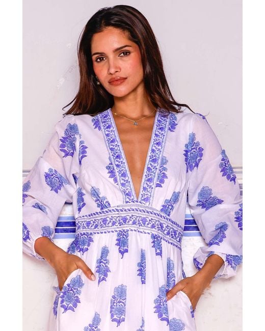 Aspiga White Sustainable Pippa Long Sleeve Block Print Cotton Summer Wedding Guest Evening Dress Floral Printed