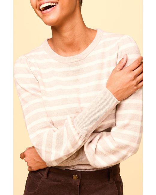 Aspiga Natural Ladies Sustainable Crew Neck Jumper Merino Wool Stripe Balloon Sleeve Oat