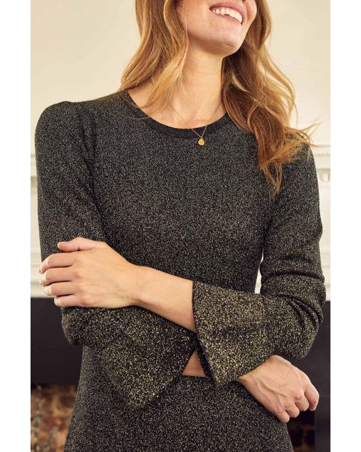 Aspiga Black Ladies Sustainable Metallic Knit Short Dress Viscose Flared Sleeve