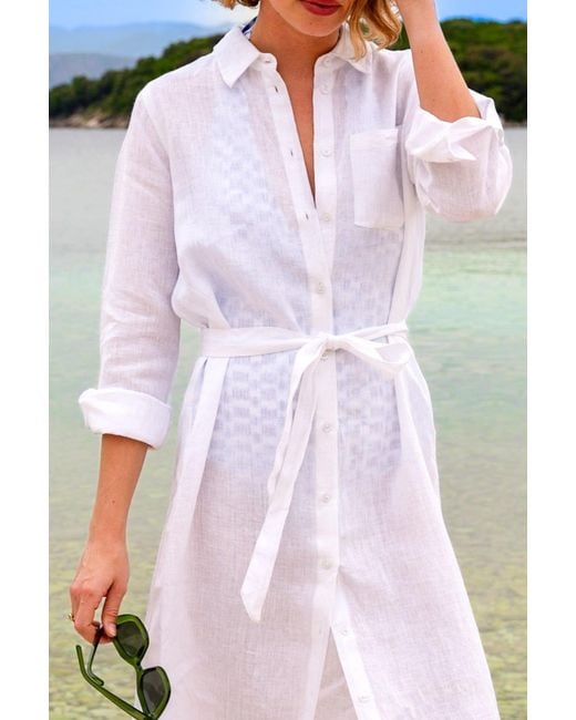 Aspiga White Sustainable Kelly Linen Shirt Dress Summer Beach Cover Up
