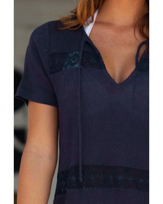 Aspiga Blue Sustainable Roxy Mini Kaftan Dress Cotton Lace Summer Holiday Beach Cover Up