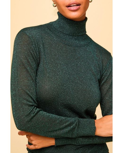 Aspiga Green Ladies Sustainable Metallic Knit Polo Top Viscose Emerald