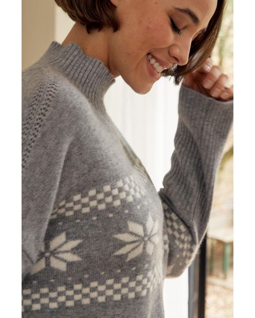 Aspiga Gray Sustainable Cashmere Blend Fairisle Funnel Neck Jumper