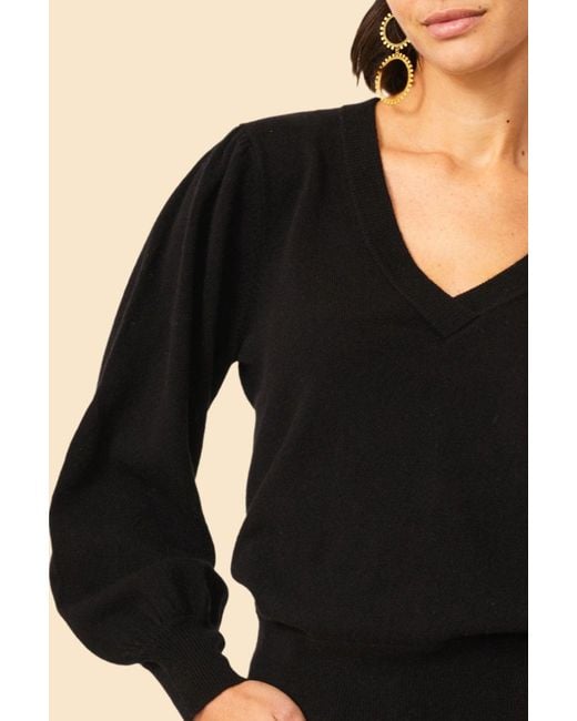 Aspiga Black Ladies Sustainable Merino Cashmere Blend V-Neck Jumper Balloon Sleeve