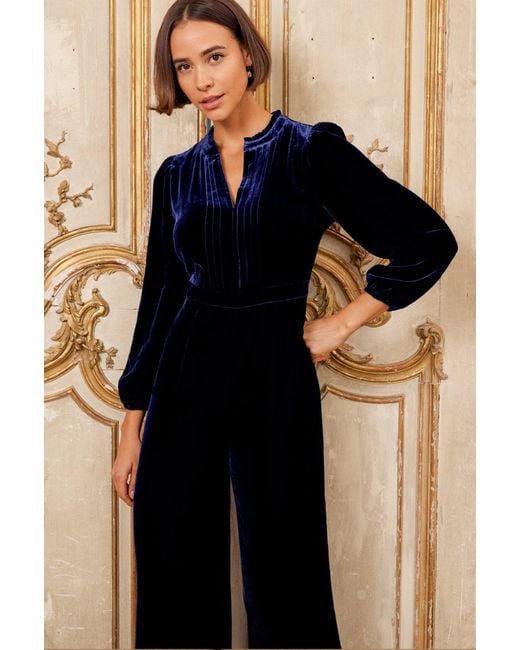 Aspiga Blue Ladies Tallulah Velvet Long Sleeve Viscose Jumpsuit Autumn Winter Graduation