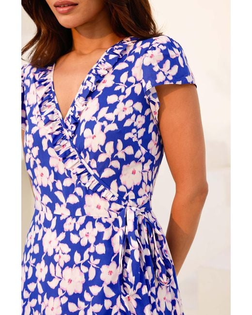 Aspiga Blue Sustainable Demi Ecovero Viscose Wrap Summer Wedding Guest Evening Dress Floral Printed Cobalt