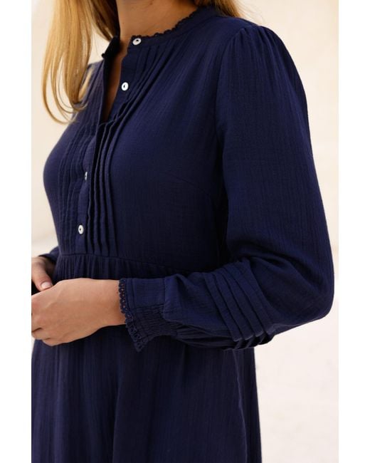 Aspiga Blue Pin Tuck Organic Cotton Cheesecloth Shirt Dress