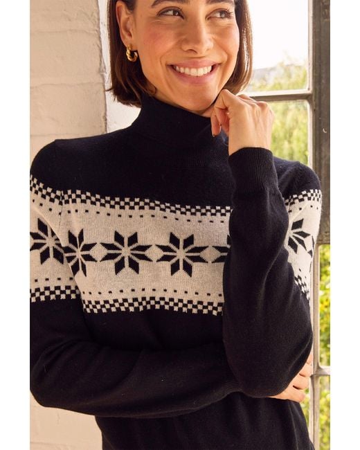 Aspiga Black Merino Wool Snowflake Fairisle Polo Neck Jumper