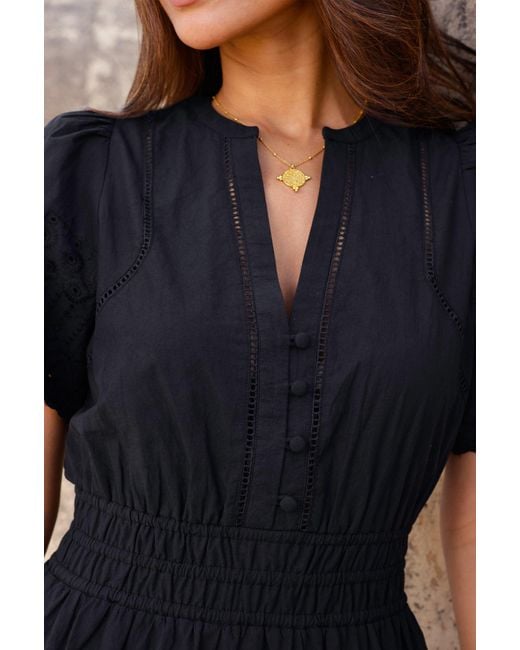 Aspiga Black Ladies Sustainable Broderie Sienna Short Sleeve Cotton Evening Dress