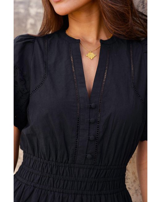 Aspiga Black Ladies Sustainable Broderie Sienna Short Sleeve Cotton Evening Dress