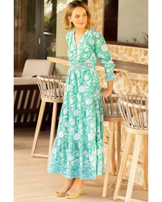Aspiga Blue Sustainable Billie Block Print Organic Cotton Summer Wedding Guest Evening Dress Floral Printed
