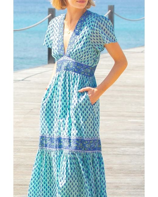 Aspiga Blue Ladies Sustainable Pippa Short Sleeve Organic Cotton Block Print Dress Buti