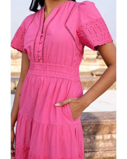 Aspiga Pink Ladies Sustainable Broderie Sienna Short Sleeve Cotton Summer Wedding Guest Evening Dress