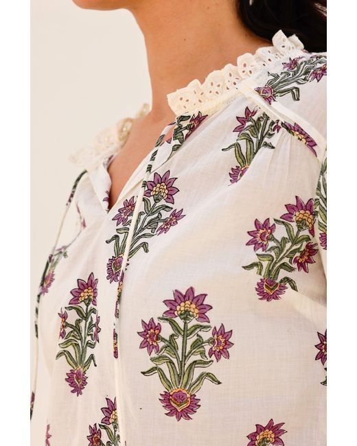 Aspiga Pink Ladies Sustainable Rosie Cotton Blouse Floral Block Print Broderie Lace Trim Cream